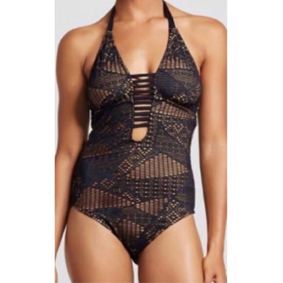 Mossimo Supply Co. Bohemian One Piece Swimsuit Crochet Lined Size XL Black Tan - Picture 1 of 10